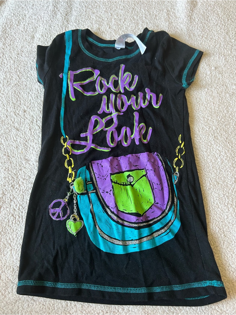 Girls Black Graphic Tee Dress "Rock Your Look" with Teal & Purple Accents